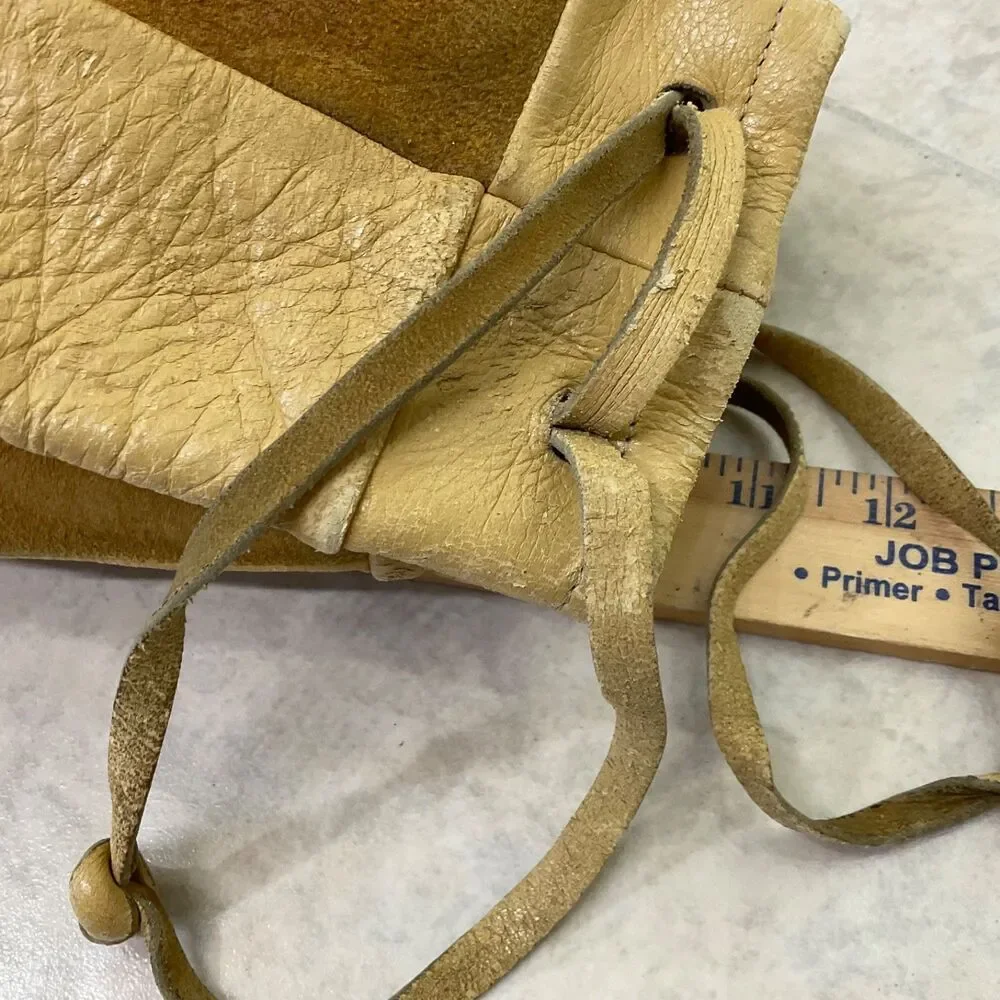 VTG Leather Drawstring patch Purse Bag Boho Ren. Fest, Native Hippie * TLC